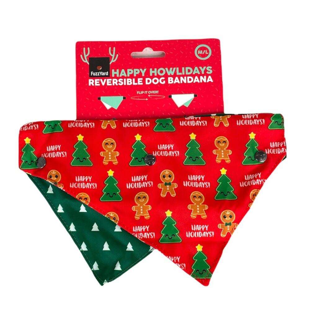 FuzzYard Christmas Trees & Gingerbread Men Reversible Bandana Red Green Size M/L